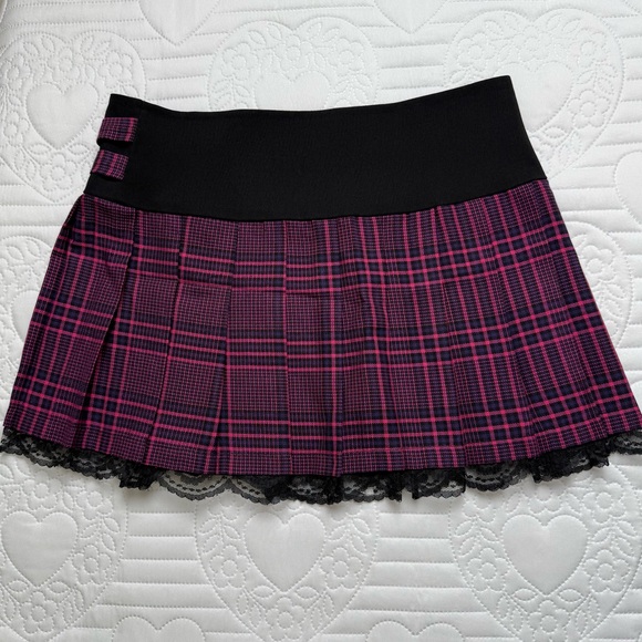 Vintage Morbid Threads Black Pink Purple Plaid Pleated Lace Mini Skirt Medium - Picture 3 of 9